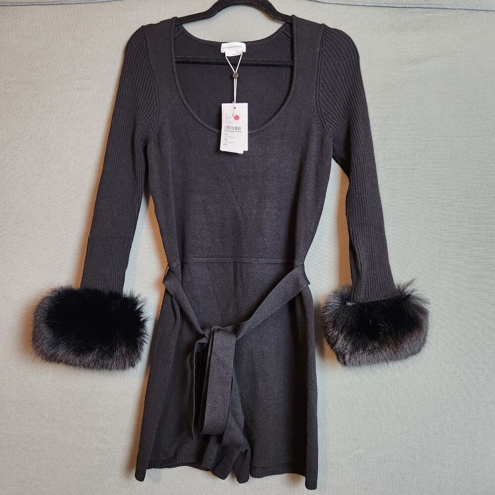 LOVERS + FRIENDS Anais Romper Black Medium Rib Knit Optional Fur Cuffs